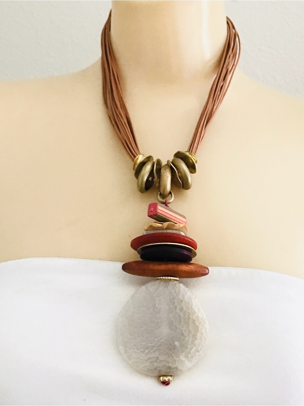 Chico's Oversized Crystal Pendant Beaded Layered Necklace Browns Boho Statement